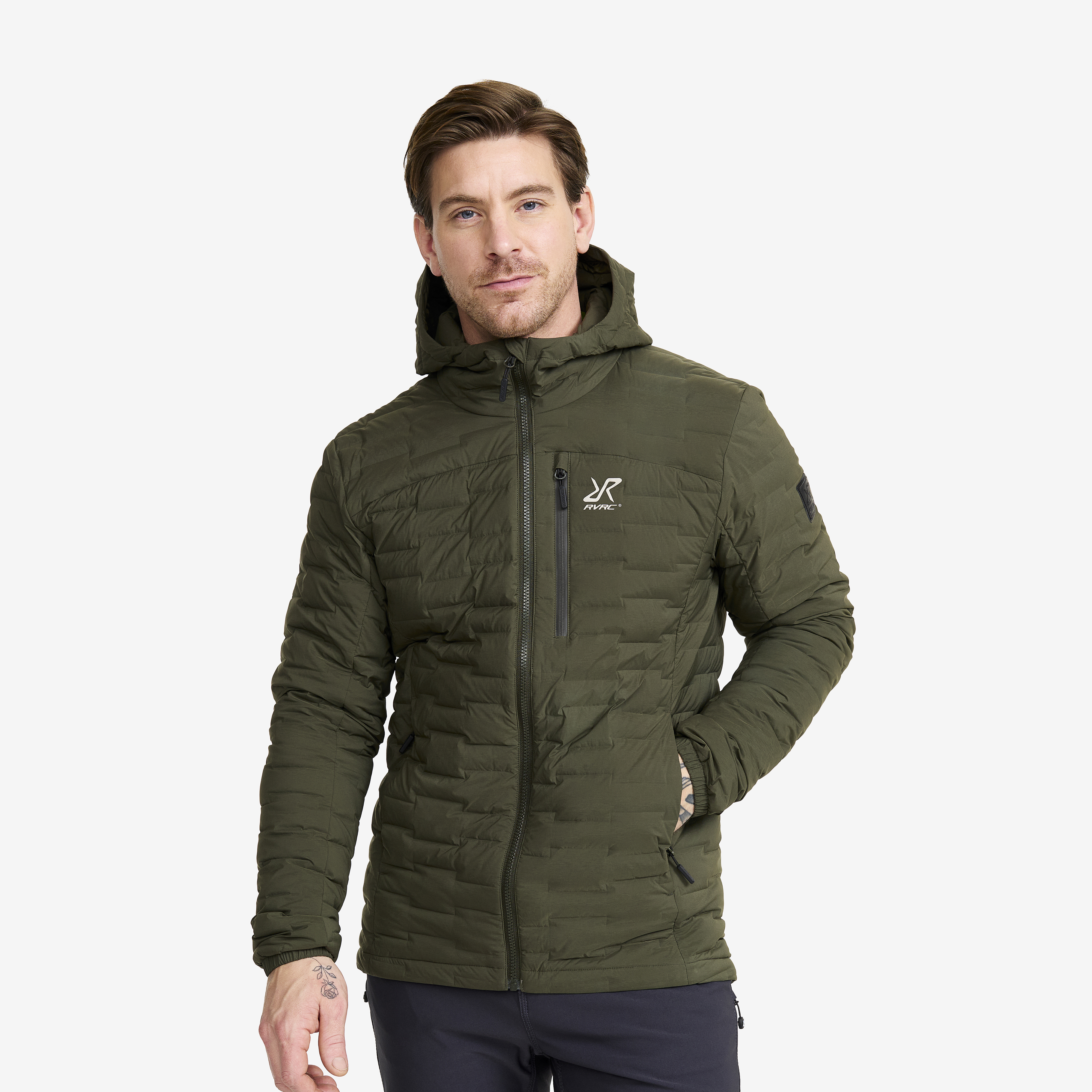 Flex Stretch Hooded Down Jacket Herr Forest Night, :M