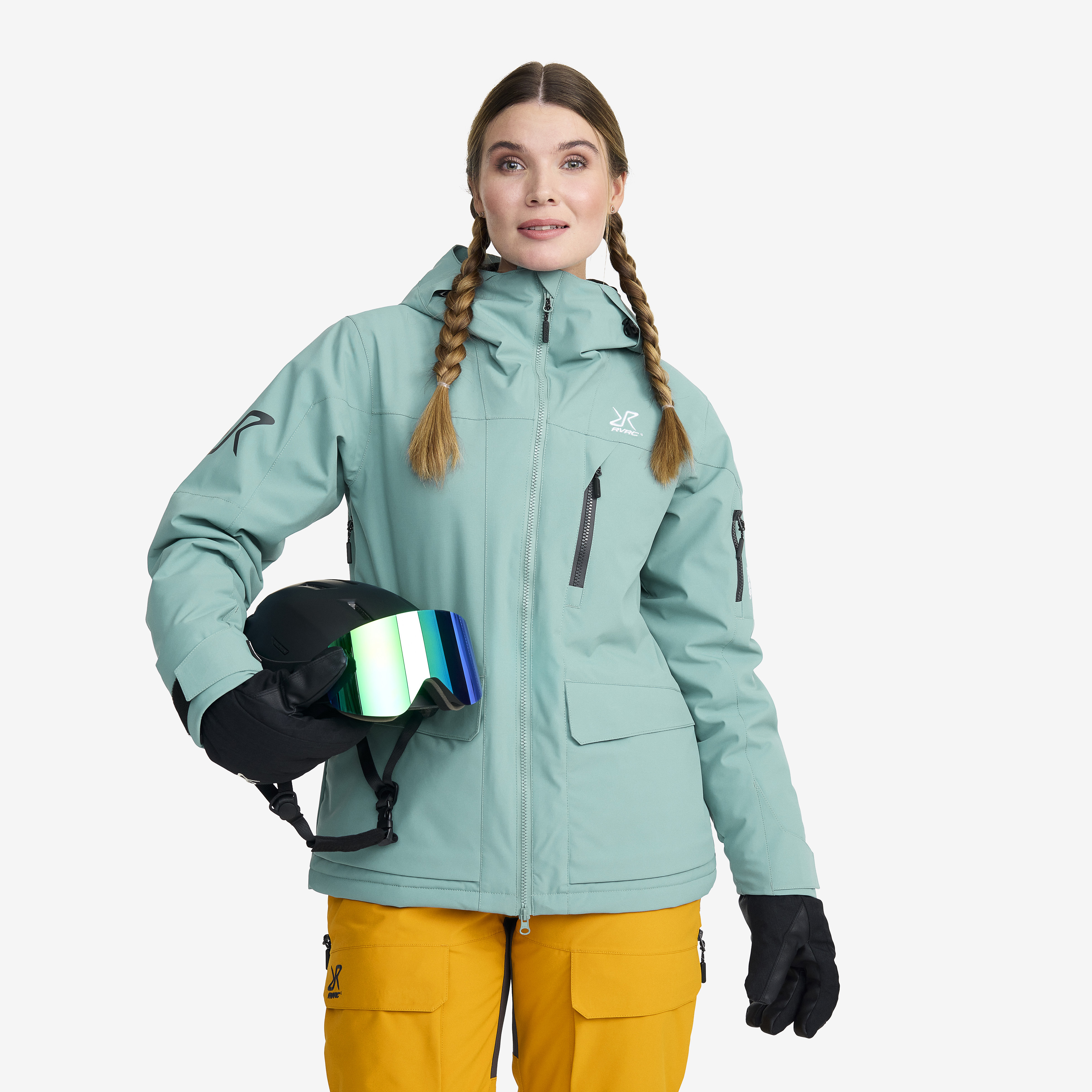 Women's White ROXY Puffer Ski Jacket & Citron Yellow Ski Pants.